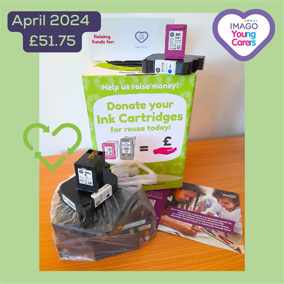 Photo of Ink Cartridge collection box. £51.75 raised for Young Carers