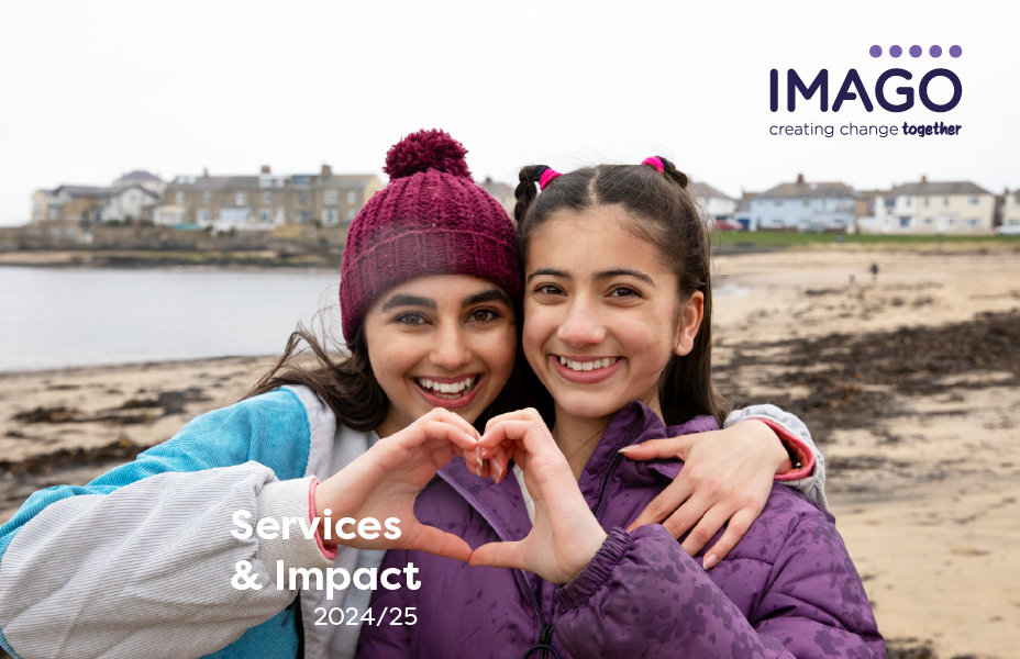 two sisters making a heart shape with their hands. There is an Imago logo in the top right corner of the image and the text 
