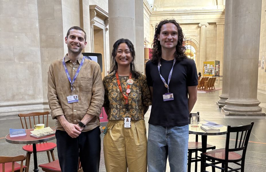 Adeal and Tom from Imago standing with a member of staff from Zineb Sedira Community at Tate Britain