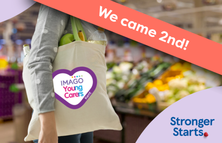 Shopper with shopping bag on their shoulder adorned with Kent Young Carers logo. Stronger Starts logo bottom right of image. Banner with 'we came 2nd' across the image.