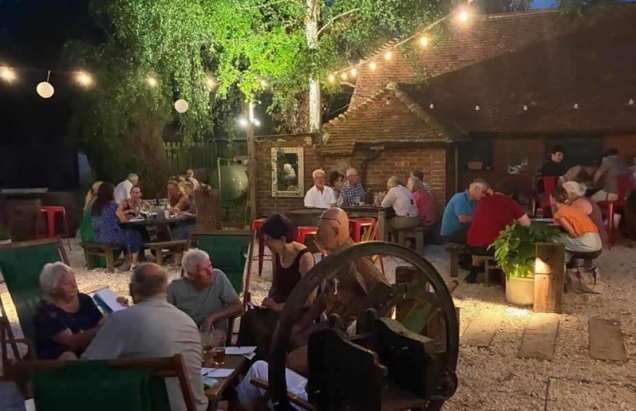 large group of people sitting outside in a pub garden illuminated by string lights during the imago pub quiz